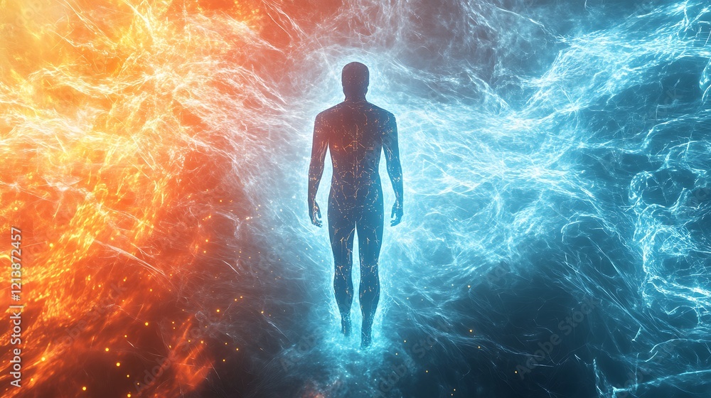 Futuristic digital human standing amidst radiant blue and orange energy in a cybernetic realm Futuristic digital human standing amidst radiant blue and orange energy in a cybernetic realm
