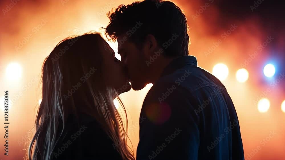 A romantic silhouette of a couple kissing amidst vibrant concert lights. A romantic silhouette of a couple kissing amidst vibrant concert lights.