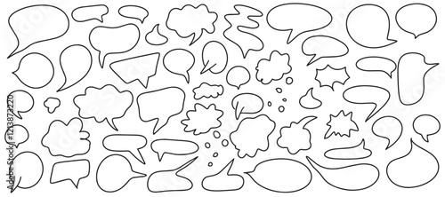 Big set of dialog boxes, different variants are hand drawn. Collection of speech bubbles for conversation, dialogue, decoration on white background. Empty comic book conversations. Vector 