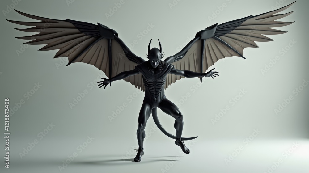 Depict a humanoid with large wings in an aerial mockup, taking flight, performing an aerial spin to evade an attack, and landing with wings spread wide. Depict a humanoid with large wings in an aerial mockup, taking flight, performing an aerial spin to evade an attack, and landing with wings spread wide.
