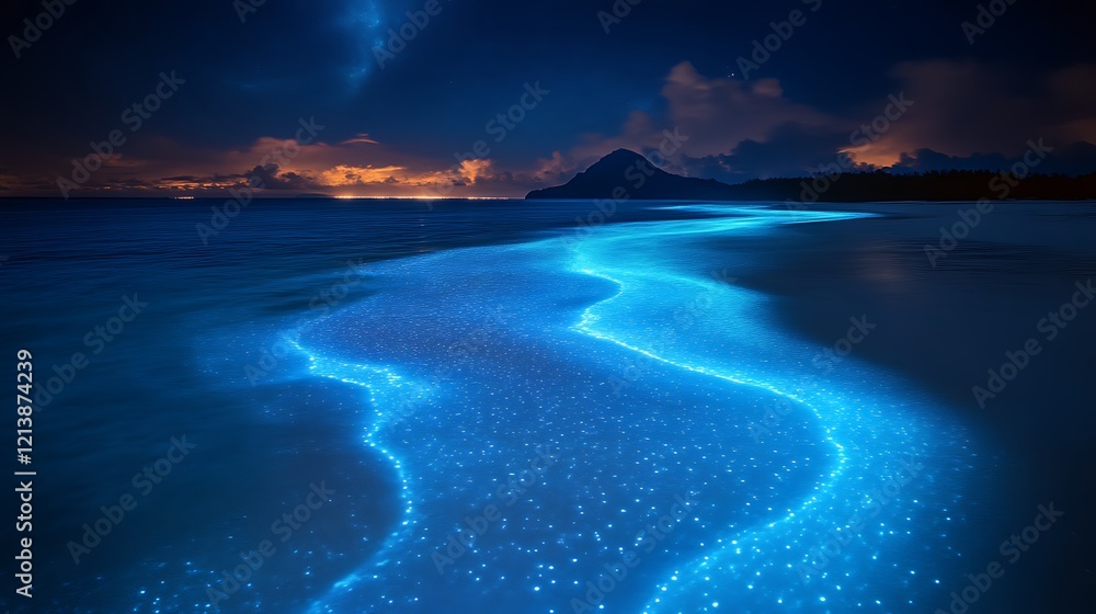 Fototapeta premium Bioluminescent Waves Glow On A Nighttime Beach