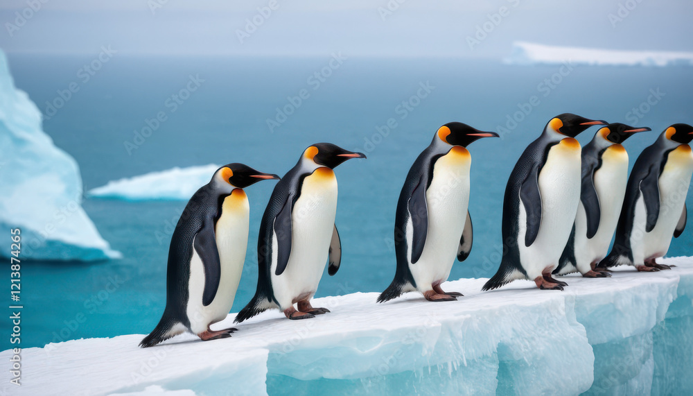 Obraz premium Penguins on icy cliff overlooking turquoise Antarctic ocean under soft light