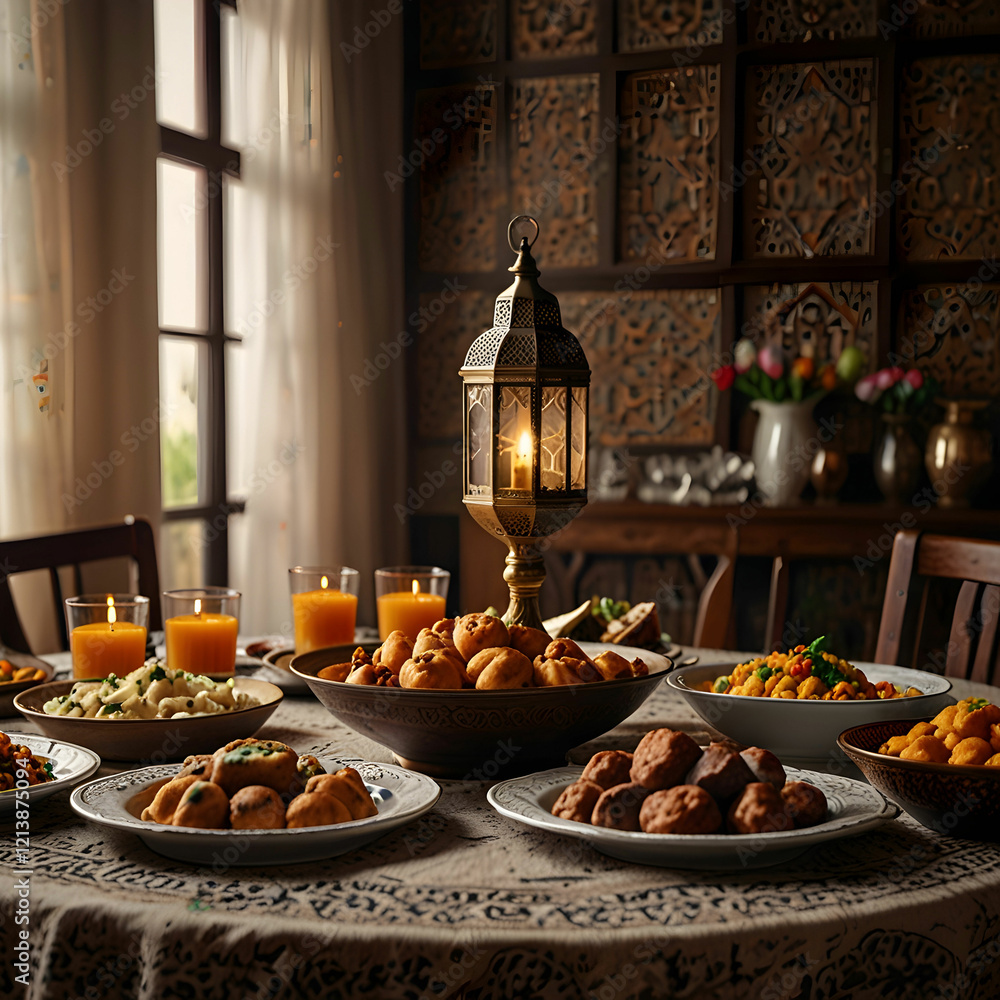 A beautifully set Eid holiday table, filled with an array of traditional Arabic and Middle Eastern dishes for Ramadan Iftar.