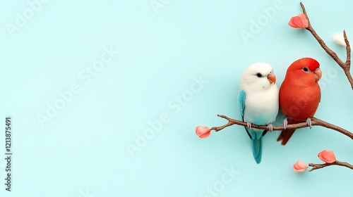 A pair of lovebirds perched on a tree branch.