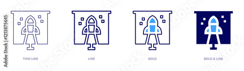 Rocket icon in 4 different styles. Thin Line, Line, Bold, and Bold Line. Duotone style. Editable stroke