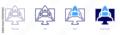 Rocket launch icon in 4 different styles. Thin Line, Line, Bold, and Bold Line. Duotone style. Editable stroke