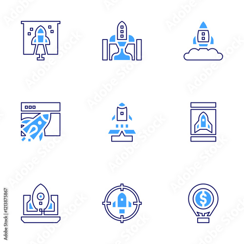Start up icon set. Bold line style. Duotone colors. Editable stroke