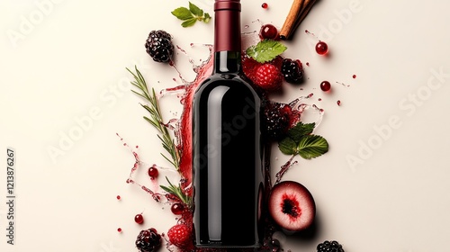 Bottle of red wine is surrounded by berries and other fruit. The wine bottle is the focal point of the image, and the fruit and berries are arranged around it to create a visually appealing