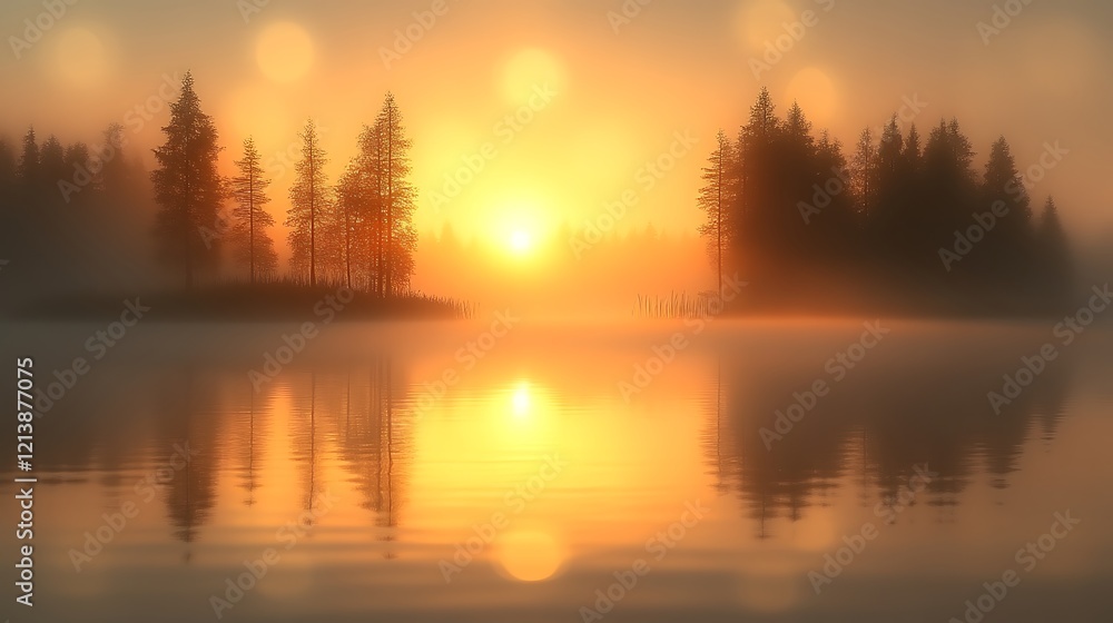 Golden Sunrise Over Misty Lake And Pine Trees Golden Sunrise Over Misty Lake And Pine Trees