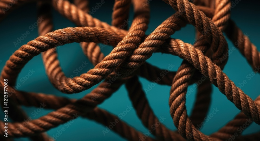 Intricate arrangement of brown ropes creating a textured pattern Intricate arrangement of brown ropes creating a textured pattern