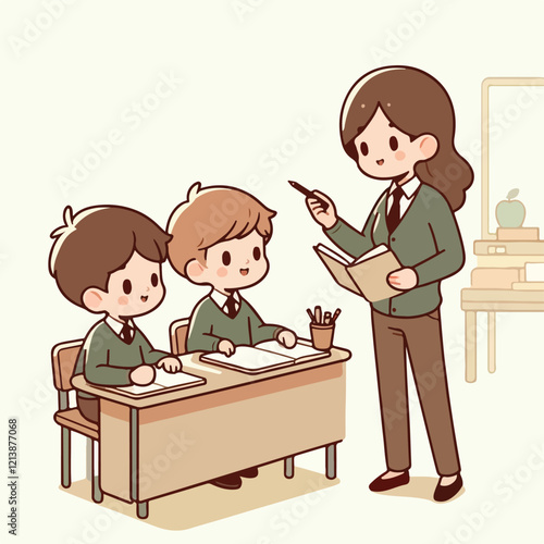 Teacher instructing two students in a classroom