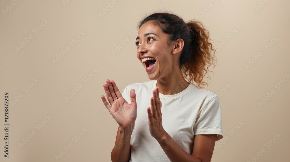 Depict a character receiving exciting news in a reaction mockup: their eyes widen, they jump with joy, clap their hands, and cheer enthusiastically, ending with a beaming smile. Depict a character receiving exciting news in a reaction mockup: their eyes widen, they jump with joy, clap their hands, and cheer enthusiastically, ending with a beaming smile.