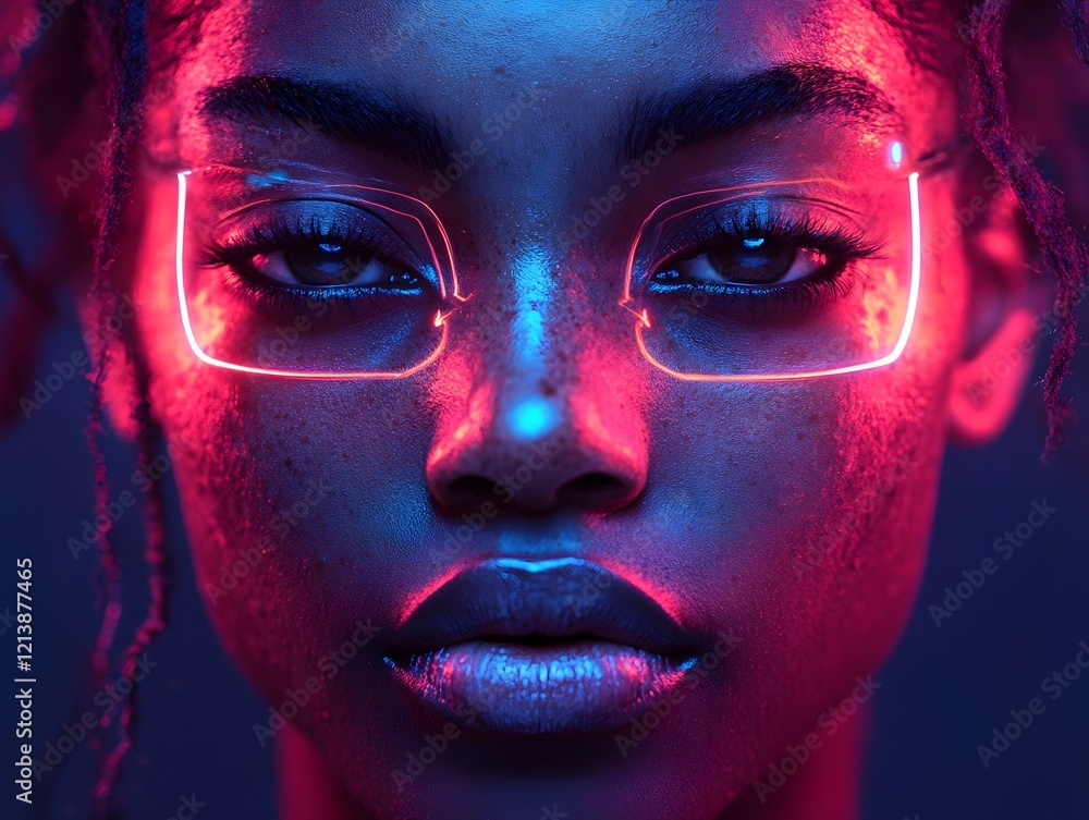 Captivating Digital Portrait of a Futuristic Woman with Glowing Neon Makeup and Ethereal Expression Captivating Digital Portrait of a Futuristic Woman with Glowing Neon Makeup and Ethereal Expression
