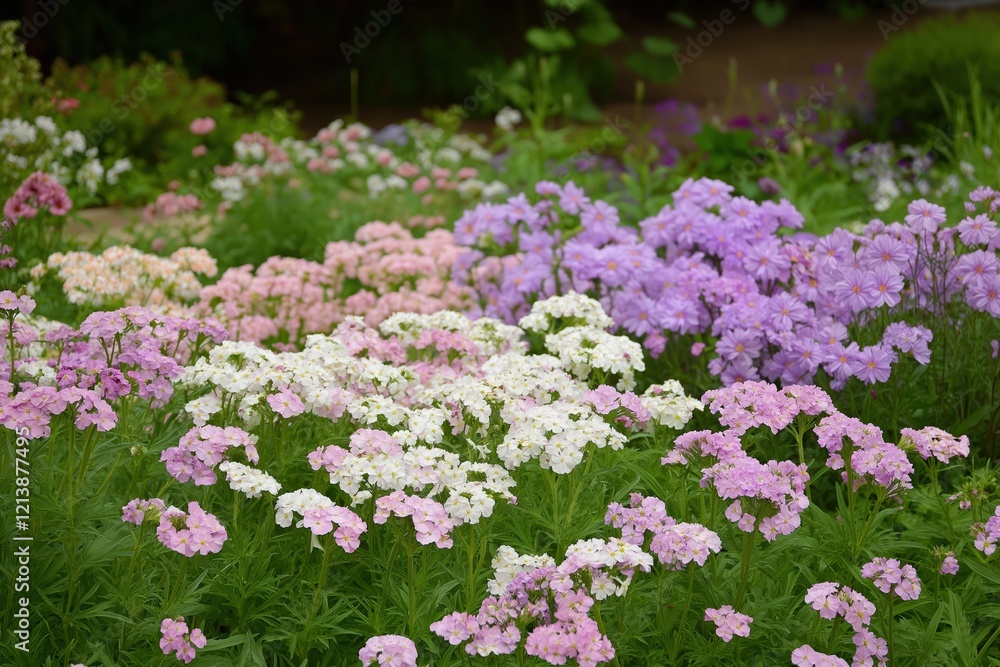 Naklejka premium Stunning array of pink purple and white blossoms in vibrant flower garden lush green foliage creating a captivating scene of natural beauty