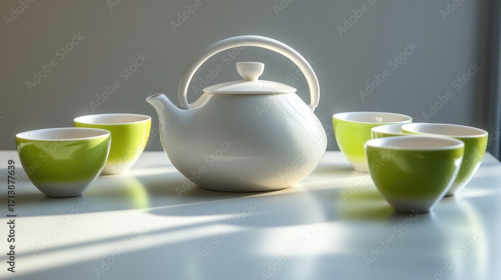 Elegant white teapot surrounded by vibrant green teacups on a minimalist table Elegant white teapot surrounded by vibrant green teacups on a minimalist table