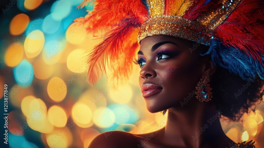 A dramatic portrait of a performer in a feathered Mardi Gras headdress, vibrant colors and soft bokeh background, captured in portrait photography style A dramatic portrait of a performer in a feathered Mardi Gras headdress, vibrant colors and soft bokeh background, captured in portrait photography style