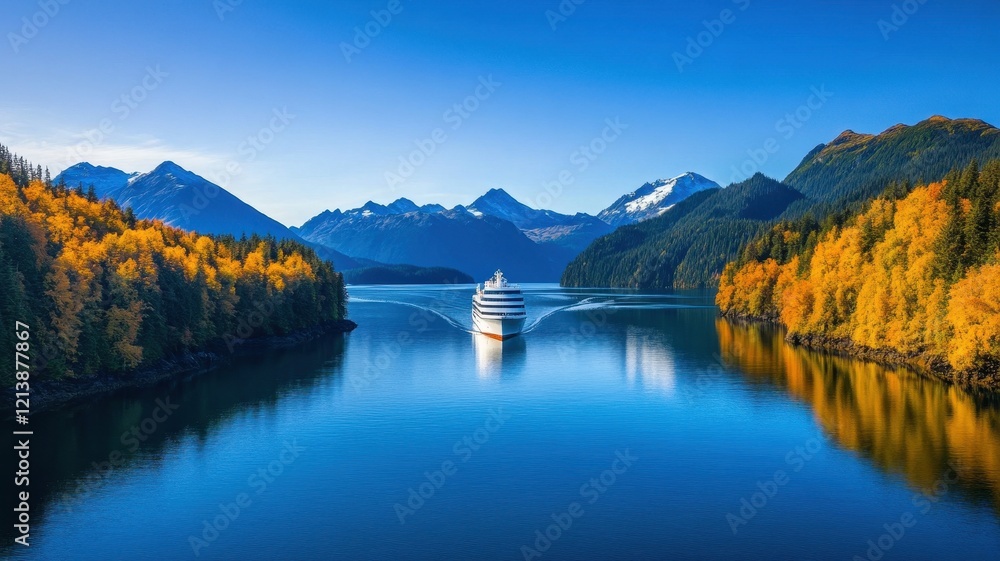 Fototapeta premium In crisp golden-hued autumn of Alaska, a majestic landscape unfolds, showcasing nature's breathtaking beauty.