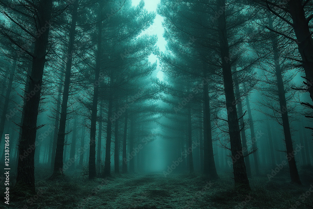 The mystical coniferous forest is shrouded in thick fog. The sun's rays do not penetrate the fog. Gloomy forest The mystical coniferous forest is shrouded in thick fog. The sun's rays do not penetrate the fog. Gloomy forest
