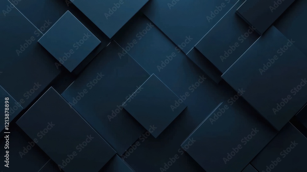 Simple blue triangles and squares on a dark background. Geometric design for banner template with white space in the center for text. Minimalist wallpaper with copy space.