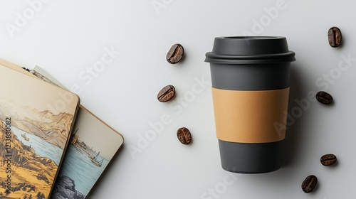 Wallpaper Mural Coffee Cup with Coffee Beans and Sketchbooks on Minimalist Table Torontodigital.ca