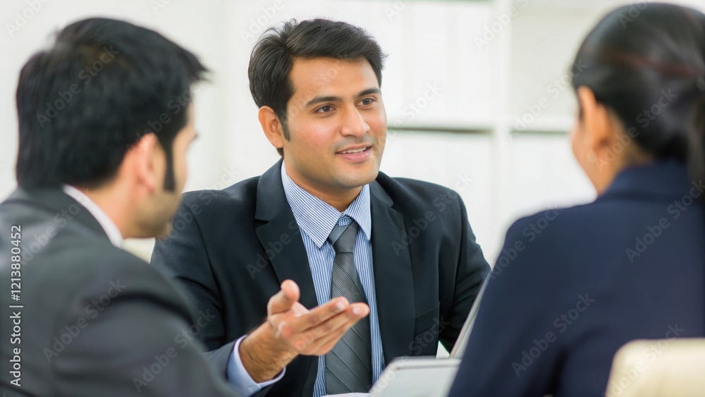 Indian HR Manager Overseeing Employee Welfare - An Indian HR manager discussing employee welfare policies with staff members in an office.
Indian HR Manager Overseeing Employee Welfare - An Indian HR manager discussing employee welfare policies with staff members in an office.