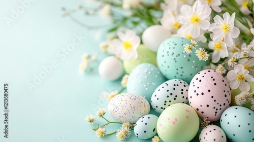 Pastel Easter eggs and spring flowers on blue background; holiday greeting card