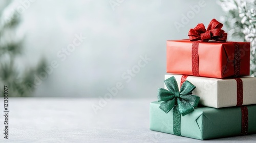 Festive gifts stacked on table, winter background, holiday season, Christmas presents