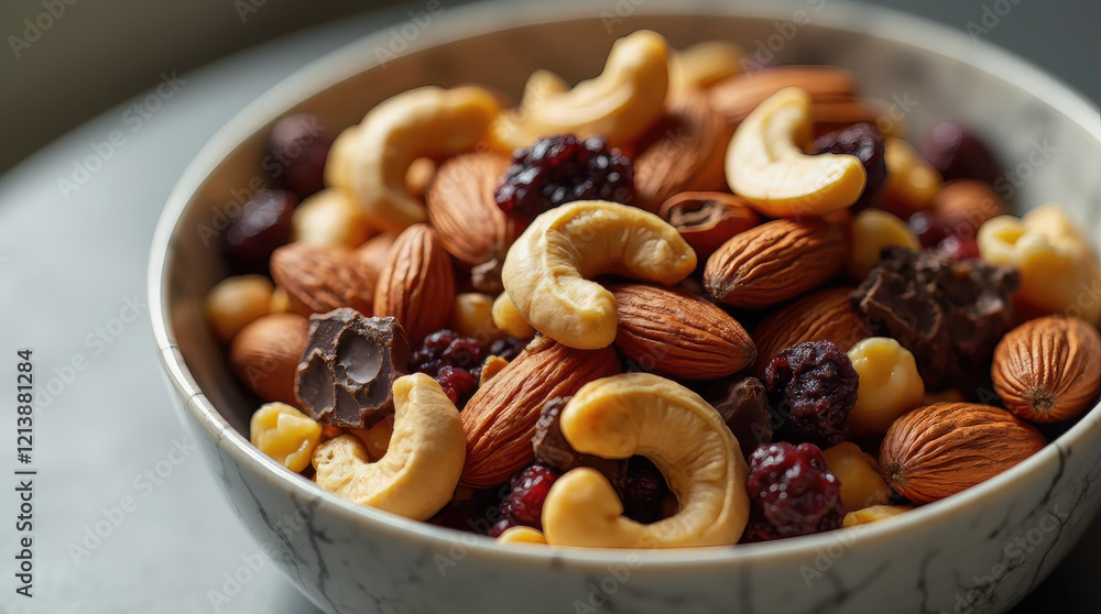 A bowl filled with a variety of nuts and dried fruits sits on a table, showcasing a colorful assortment ideal for healthy snacking A bowl filled with a variety of nuts and dried fruits sits on a table, showcasing a colorful assortment ideal for healthy snacking