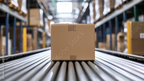 A cardboard box on a conveyor belt in a warehouse setting for packaging and shipping photo