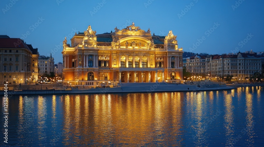 Fototapeta premium Illuminated opera house reflecting on still water at dusk, European city