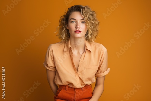 A woman in an orange shirt and orange pants is posing for a photo