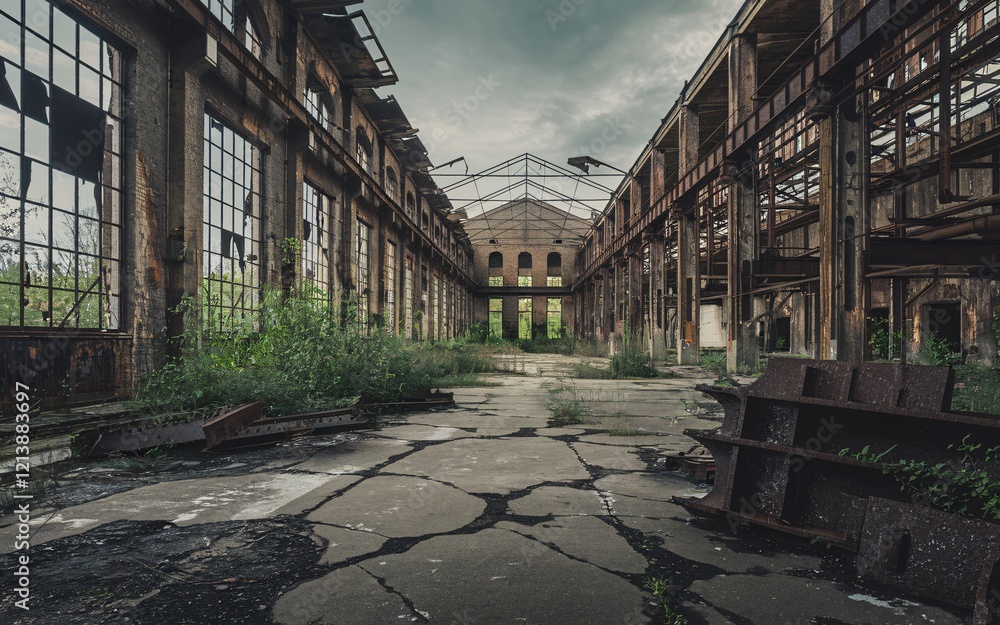 Fototapeta Iraq air pollution, Derelict factory interior with cracked floor, overgrown vegetation, and rusted metal.