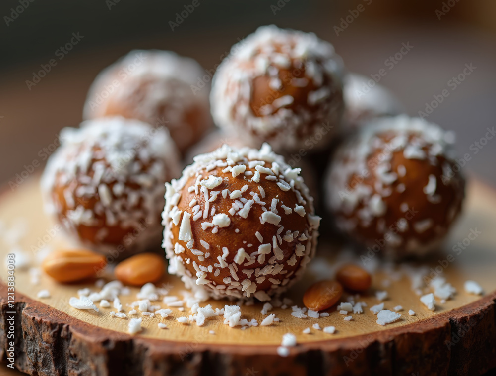 Five round energy balls coated in shredded coconut rest on a wooden platter, accompanied by scattered almonds, showcasing a healthy snack option for any time of day Five round energy balls coated in shredded coconut rest on a wooden platter, accompanied by scattered almonds, showcasing a healthy snack option for any time of day
