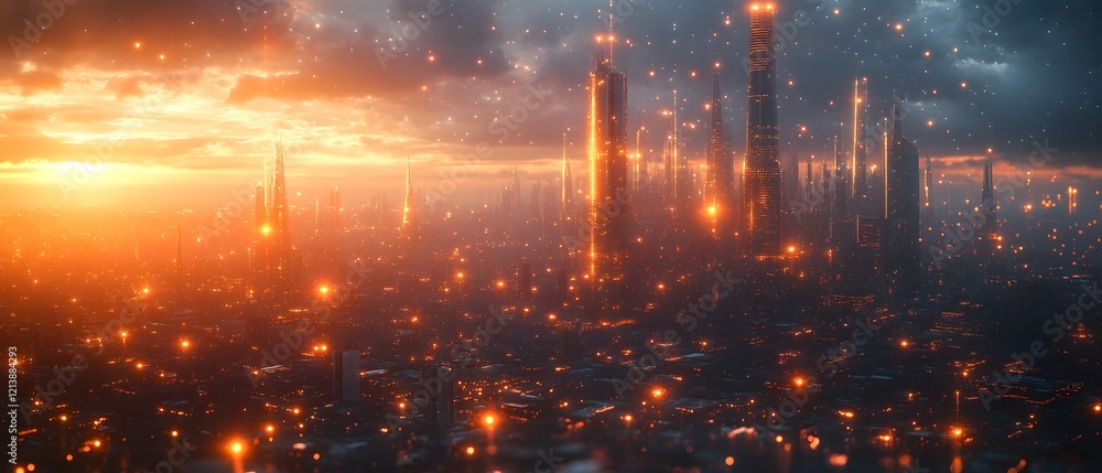 Fototapeta premium Futuristic Cityscape with Illuminated Skyscrapers and Glowing Traffic at Dramatic Dusk or Dawn
