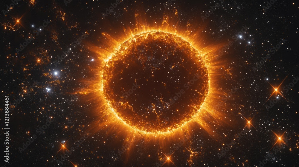 Obraz premium A circular nebula in space made up of the sun, with stars and galaxies surrounding it, glowing with orange energy radiating from its core