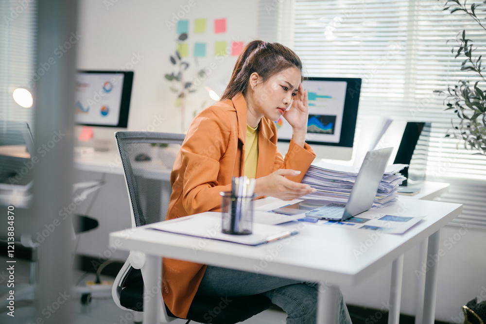 Young professional woman feeling tired and suffering from headache at workplace Young professional woman feeling tired and suffering from headache at workplace