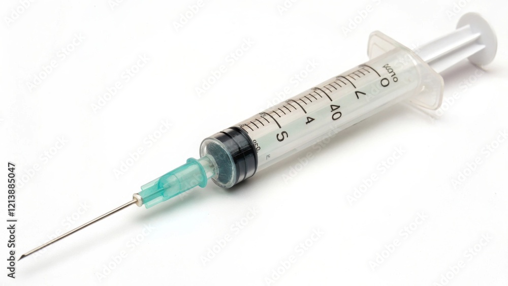 A sterile syringe with a clear barrel and a green-tipped needle, commonly used for medical injections and vaccinations. A sterile syringe with a clear barrel and a green-tipped needle, commonly used for medical injections and vaccinations.
