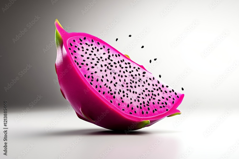 Slice of a red dragon fruit with black seeds. The fruit is cut in half and the seeds are scattered throughout the fruit Slice of a red dragon fruit with black seeds. The fruit is cut in half and the seeds are scattered throughout the fruit