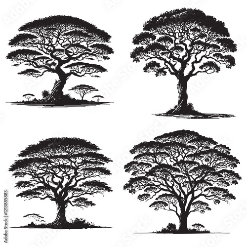 "High-Quality Monochrome Vector Silhouettes of the Fever Tree Isolated on a White Background"