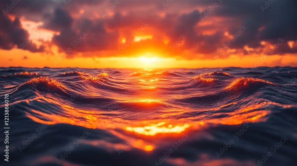 Fototapeta premium Fiery Sunset Reflecting On Ocean Waves