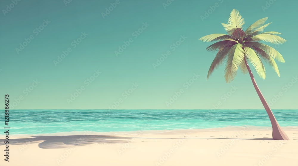 Obraz premium Tropical beach scene featuring a blue sky clear water and a young coconut palm tree on white sand Ideal for summer themed backgrounds