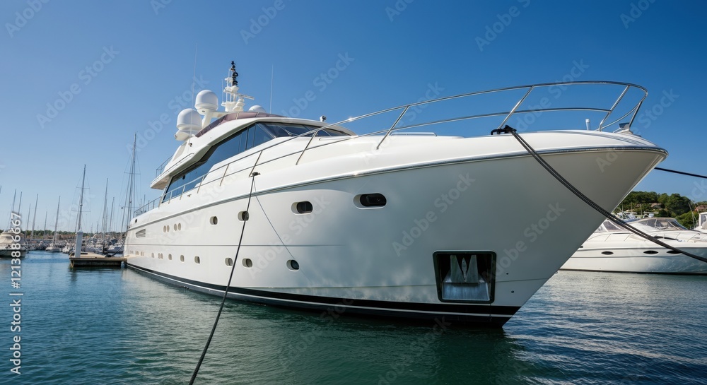Fototapeta premium Generic fictional luxury yacht docked in a serene marina under clear blue skies