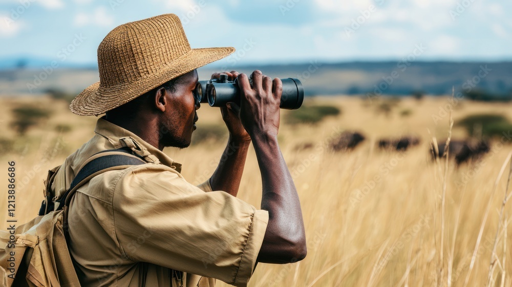 Obraz premium a safari guide with binoculars, observing animals in their natural habitat.