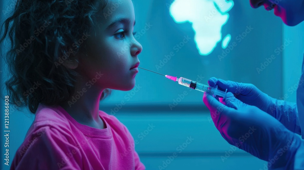 Fototapeta premium Global Health Pandemic Vaccination concept. Child Receiving Glowing Futuristic Vaccine With Holographic Medical Technology