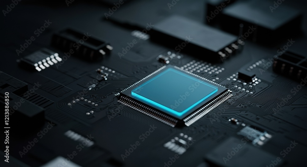 Close-up of a microchip on a circuit board showcasing advanced technology Close-up of a microchip on a circuit board showcasing advanced technology
