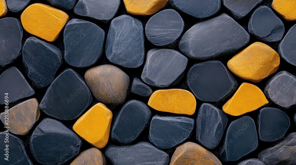 Stone Texture: Abstract seamless pattern of dark gray and mustard yellow stones, ideal for background or texture use. Smooth, polished surface with variations in tone and color. Stone Texture: Abstract seamless pattern of dark gray and mustard yellow stones, ideal for background or texture use. Smooth, polished surface with variations in tone and color.