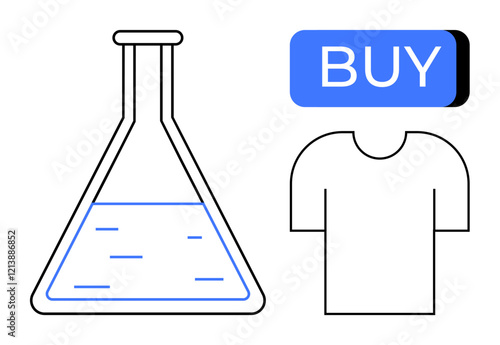 Laboratory flask with liquid, a BUY button, and a t-shirt outline side by side. Ideal for e-commerce, shopping, retail, fashion, clothing, chemistry, and scientific research. Line metaphor