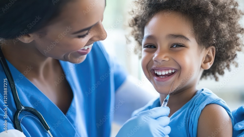 Nurse administering vaccine, smiling child, clinic, happy Nurse administering vaccine, smiling child, clinic, happy