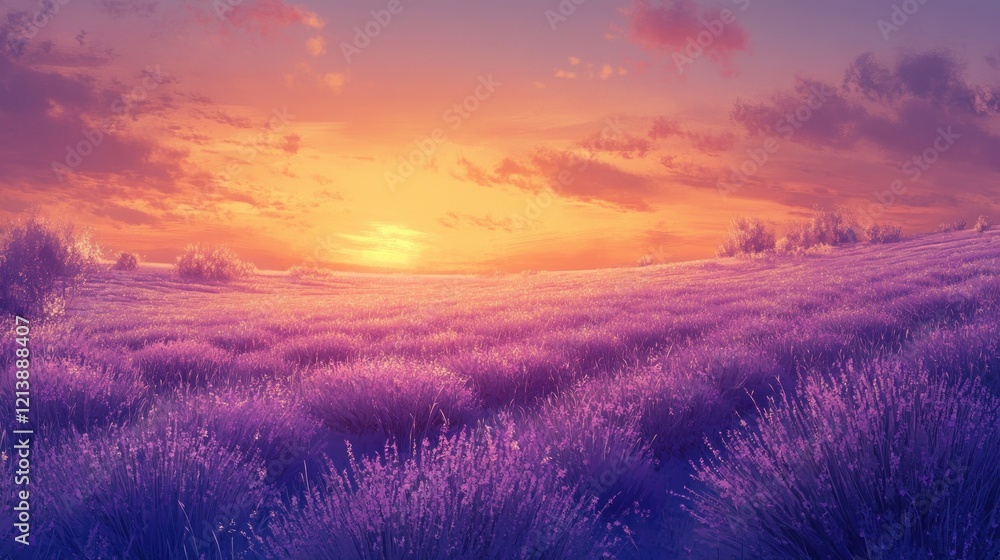 Obraz premium Lavender field at sunset with pink and orange sky and a few bushes minimal landscape