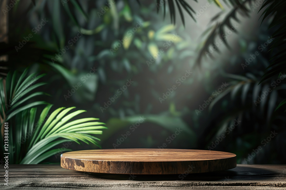 Obraz premium Photo of wood table in jungle as product display